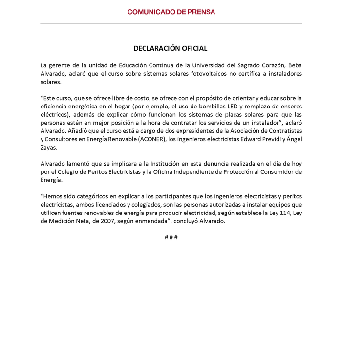Declaración Oficial sobre cursos de sistemas solares fotovoltaicos